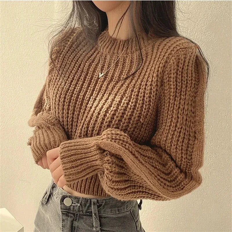 Loose korean sweater brown side view standing