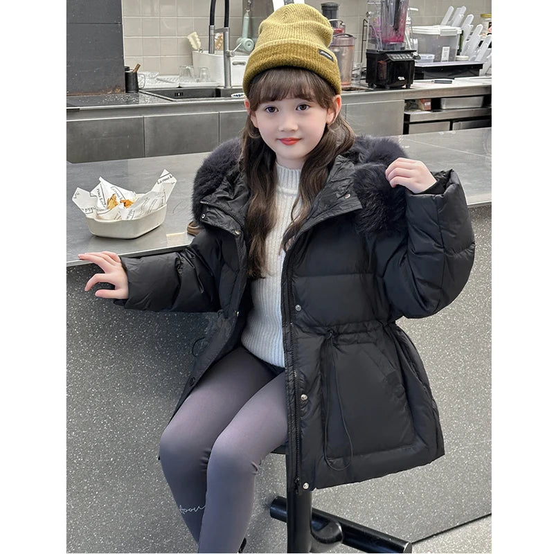 Girls fur-hood winter parka worn by child