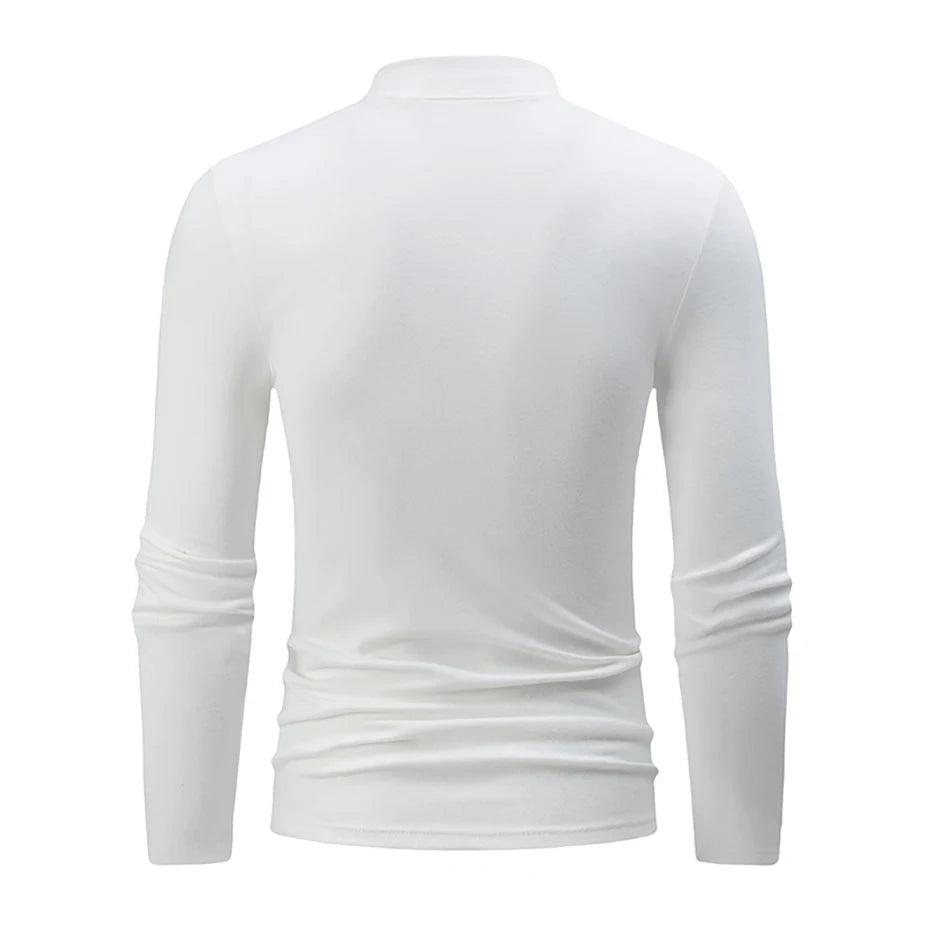 Men's semi-turtleneck long sleeve top worn under jacket