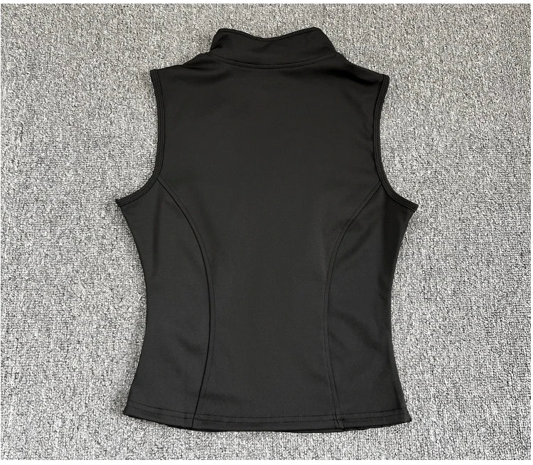 Women's zip-up yoga fitness tank top front view black