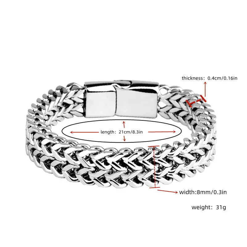 Braided stainless steel bracelet worn on wrist