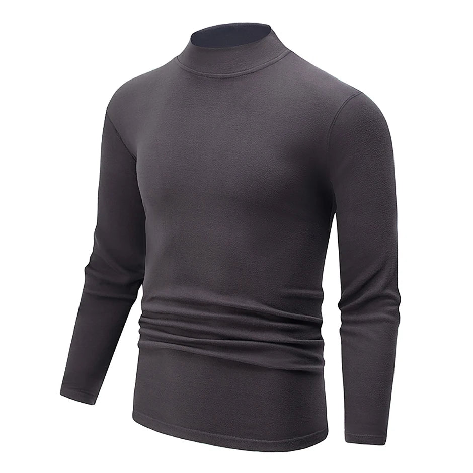 Men's semi-turtleneck long sleeve top worn under jacket