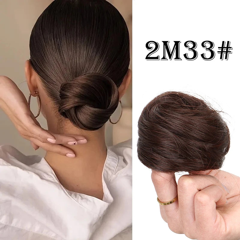 Synthetic hair bun extension worn on model