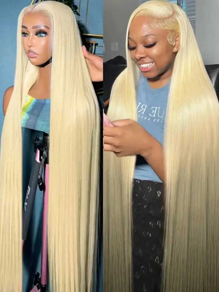 Honey blonde bone straight wig worn on model