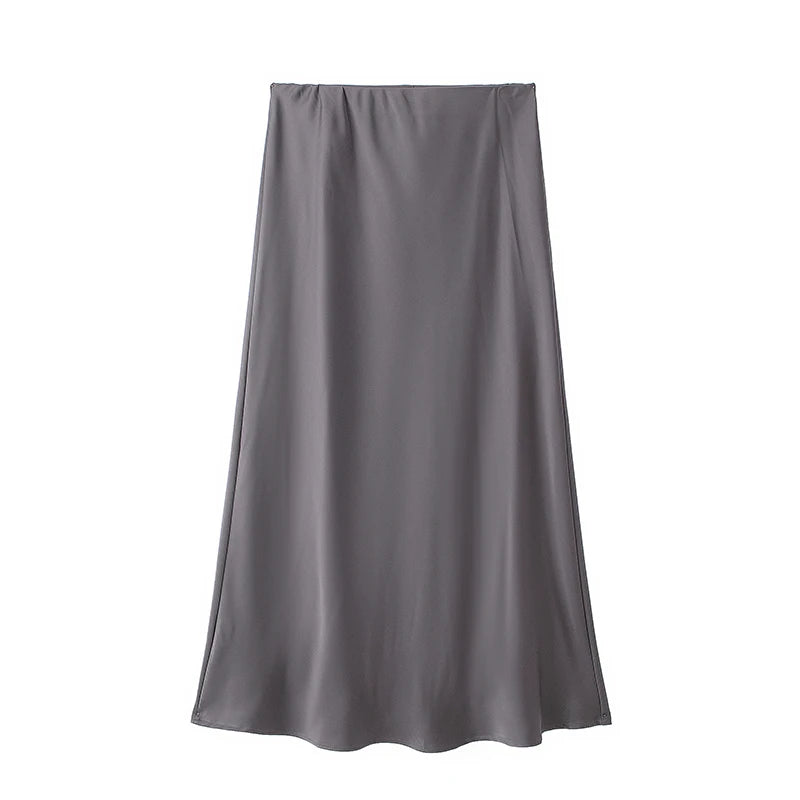 High waist satin midi skirt worn styled outfit black ash