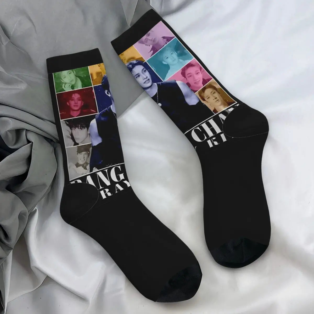 Men's printed skateboard crew socks worn on feet