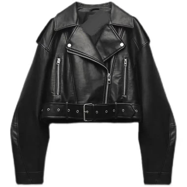 Faux Leather Moto Jacket | Belted Biker Coat