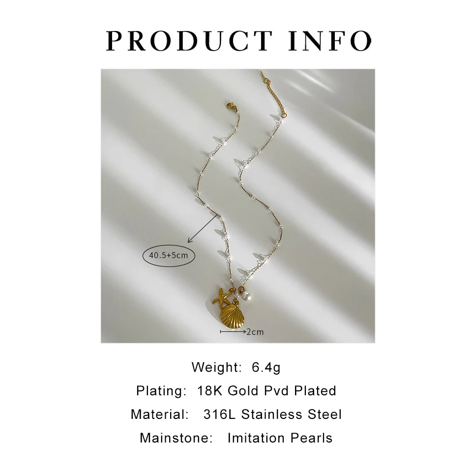 Pearl starfish shell necklace full view gold