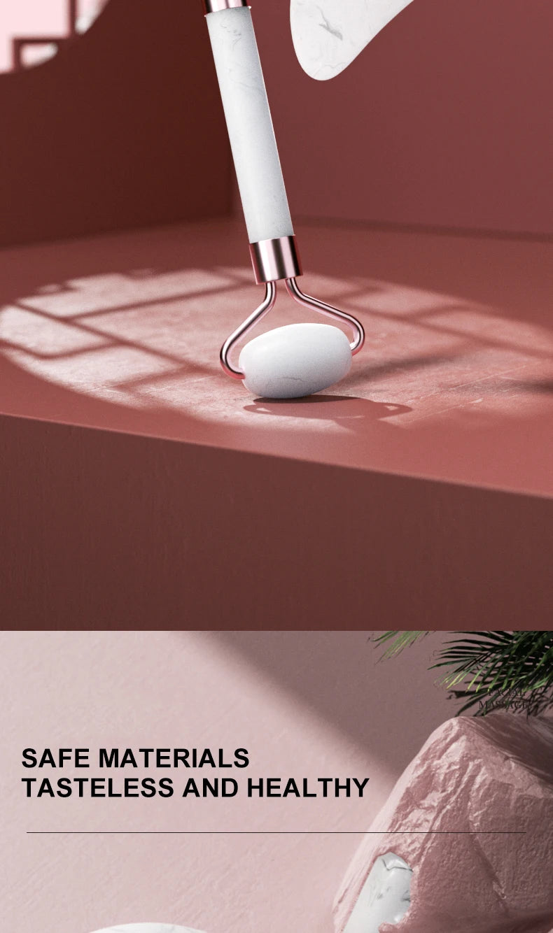 Facial massage roller scraper set worn in use
