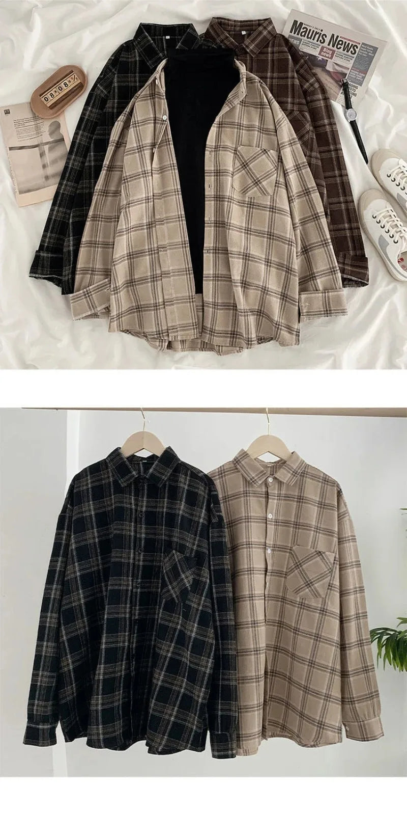 Oversized plaid shirt black and khaki hanging pair