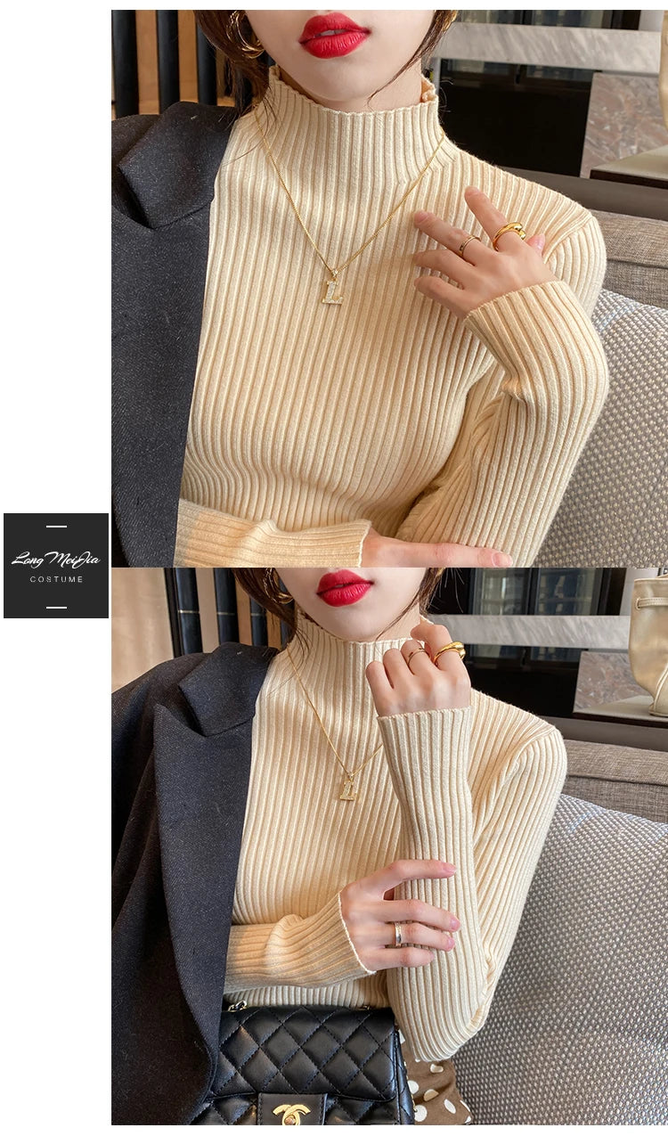 Slim turtleneck sweater cream worn full body