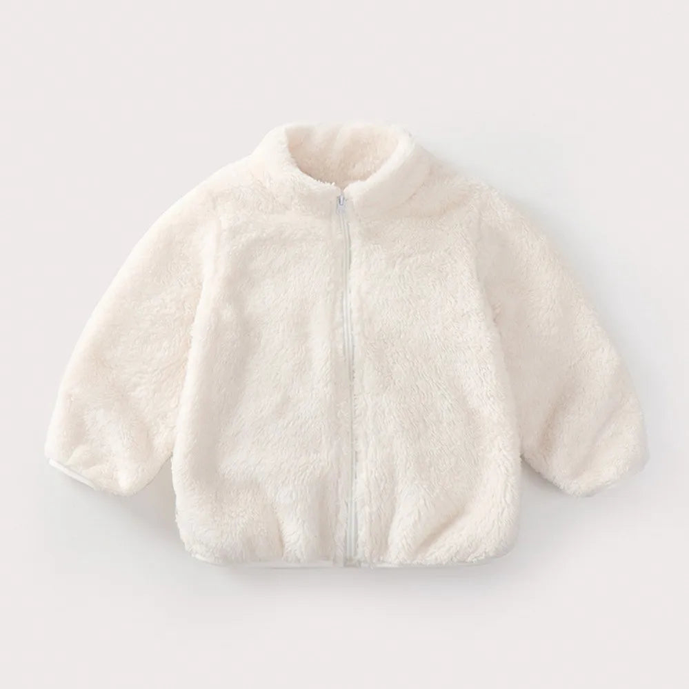 Kids plush winter coat lining texture closeup