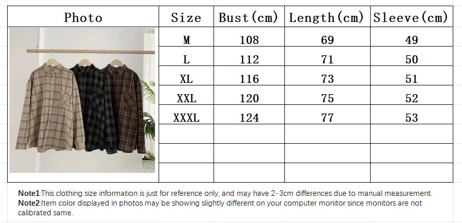 Oversized plaid shirt size chart measurements