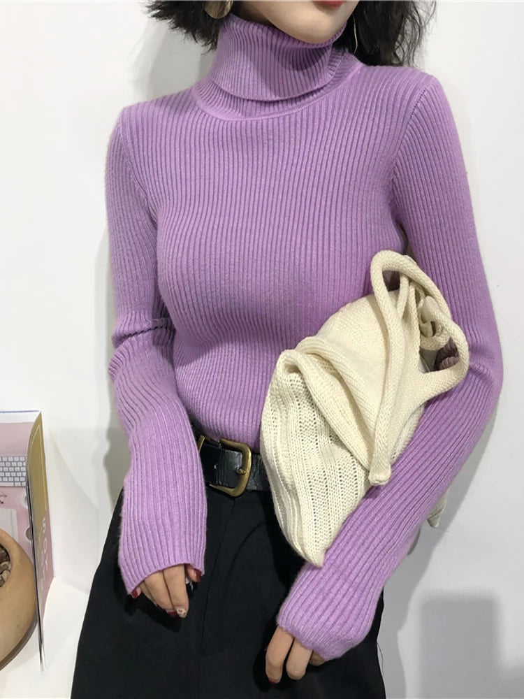 Ribbed Turtleneck Sweater – Women's Slim Winter Pullover