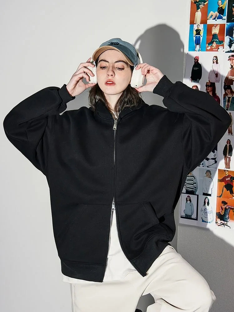 Double zip hooded jacket worn styled outfit black
