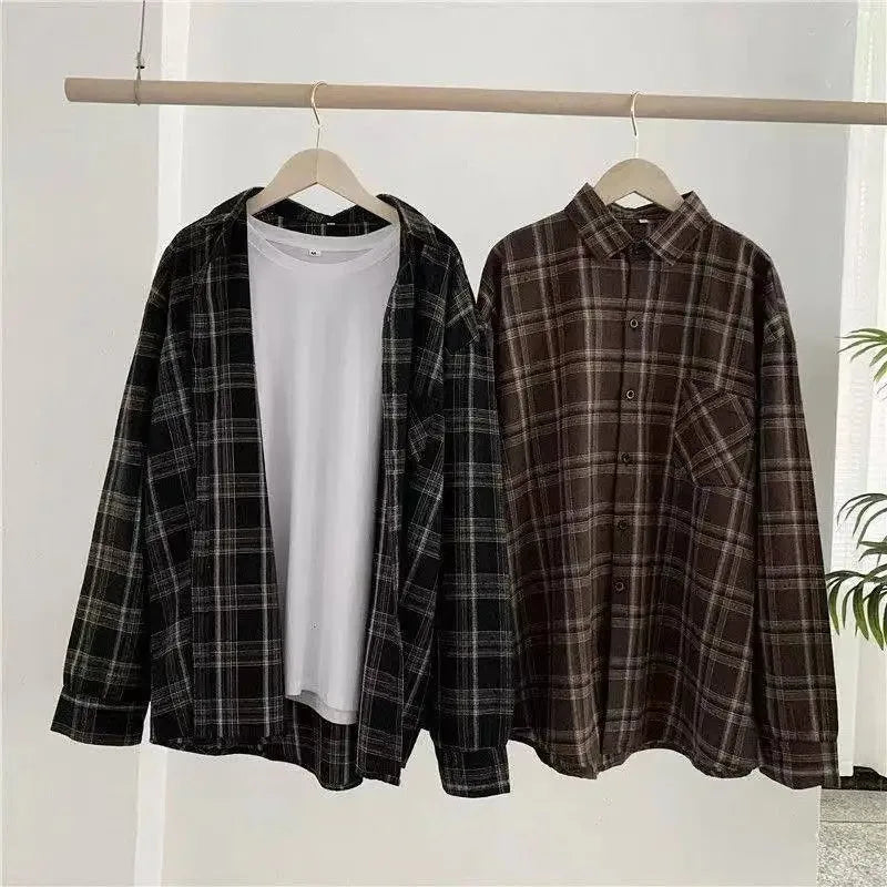 Oversized plaid shirt brown hanging front