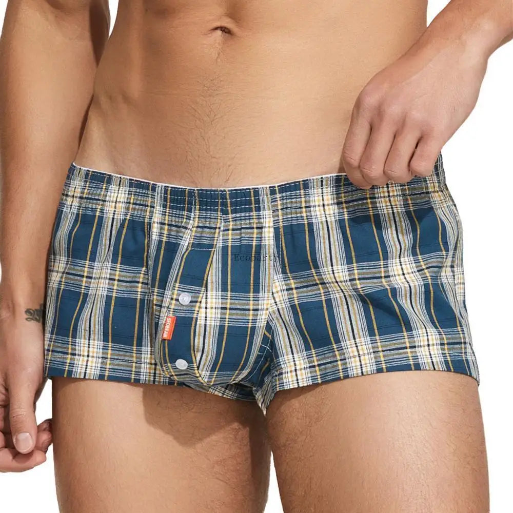 Men's cotton plaid boxer shorts worn model
