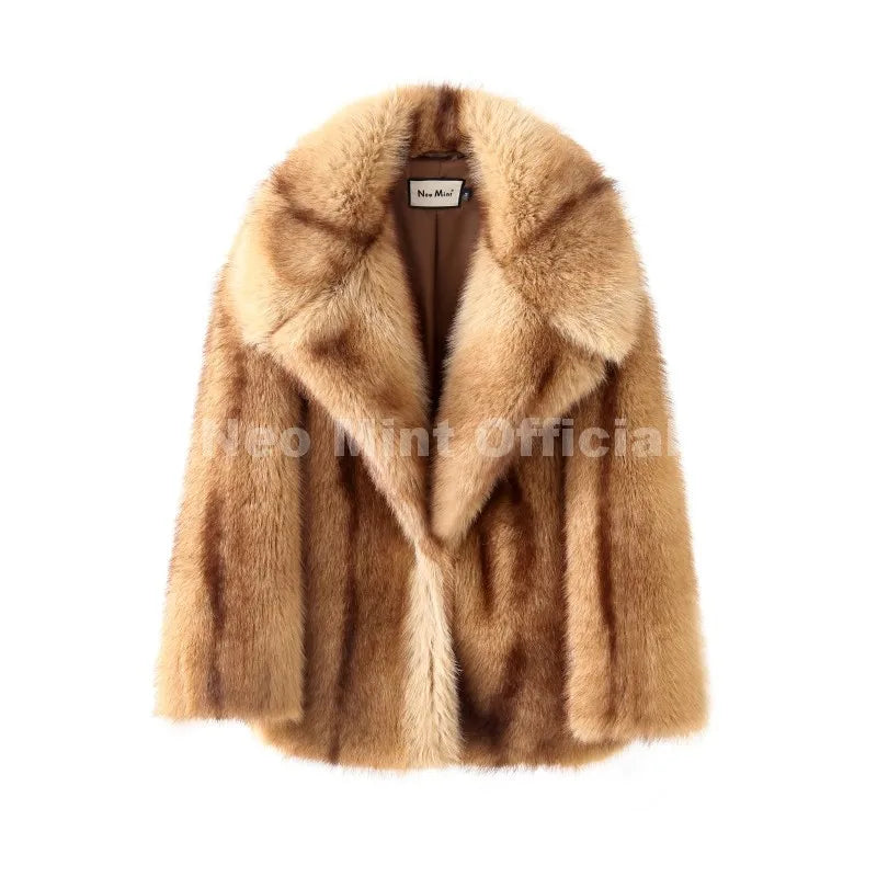 Women's faux fur striped oversized coat front view brown