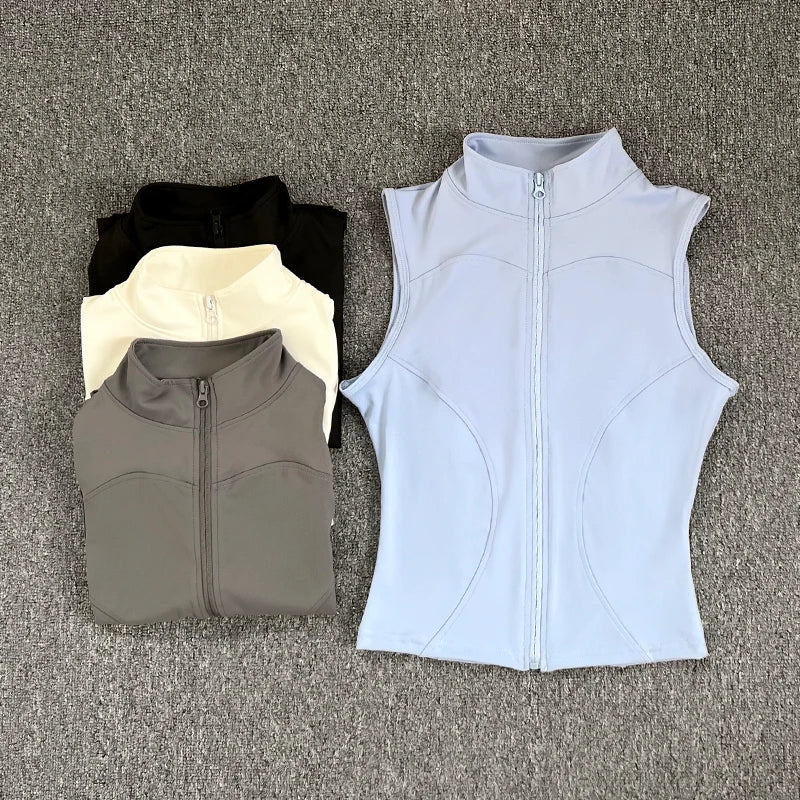Women's zip-up yoga fitness tank top front view white