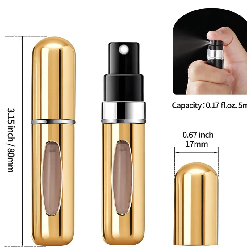 Mini Perfume Atomizer Bottles in silver, black, blue, and gold for stylish travel fragrance.