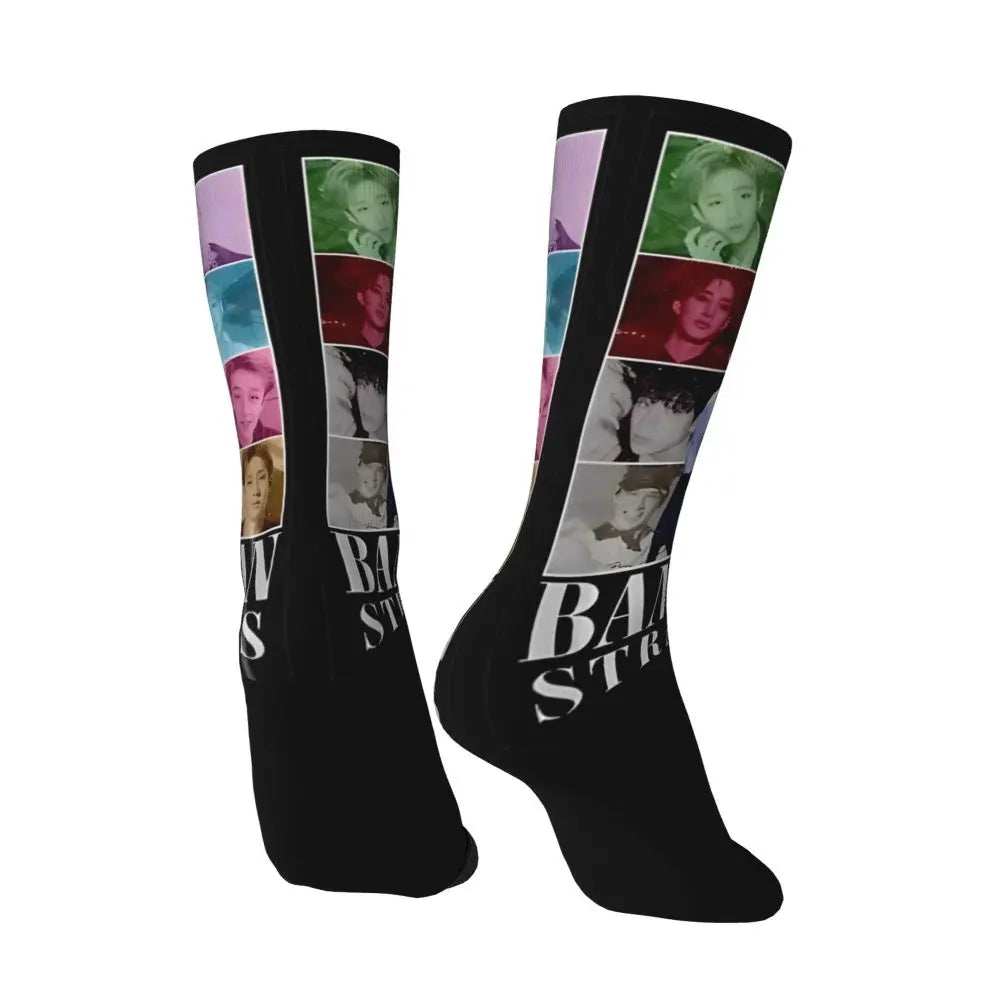 Men's printed skateboard crew socks worn on feet