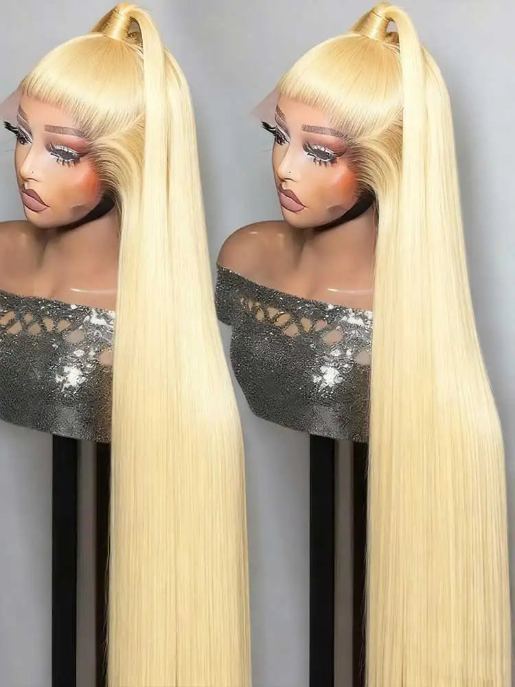 Honey blonde bone straight wig worn on model