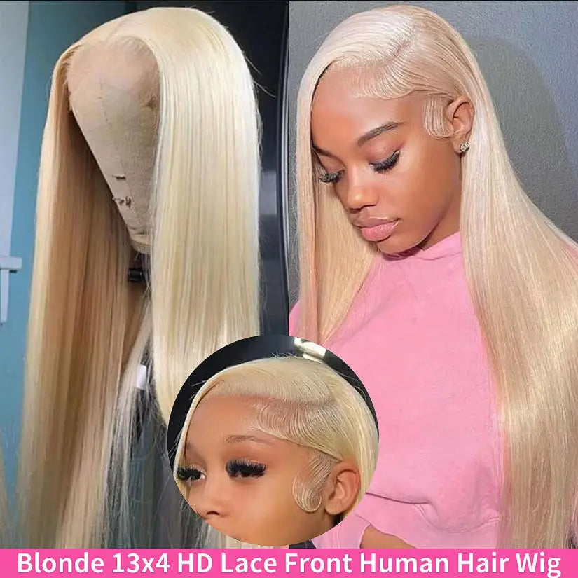 Bone straight blonde wig worn on model