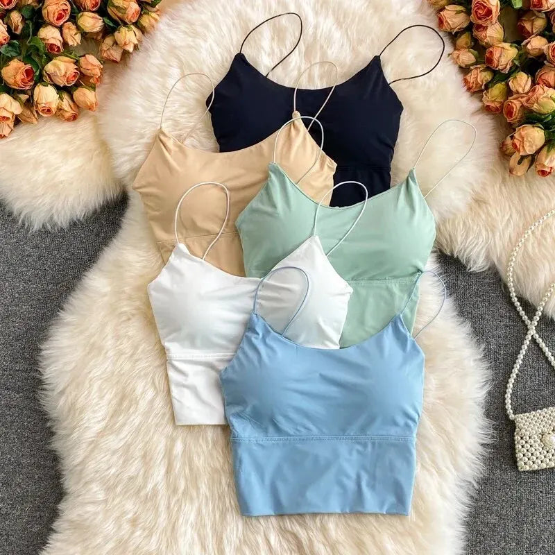 Seamless padded camisole worn sky blue and black
