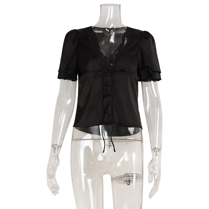 Lace V-Neck Top Women's Satin Slim Streetwear Tee