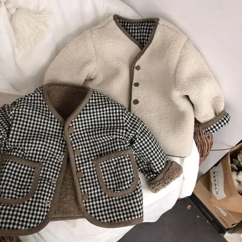 Kids reversible plaid jacket cream color option