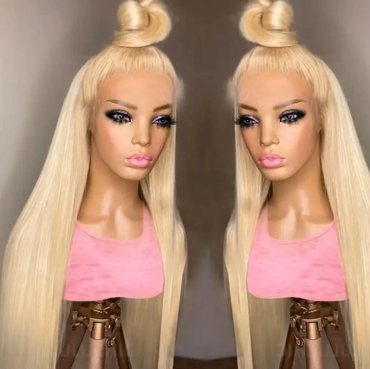 Bone straight blonde wig worn on model