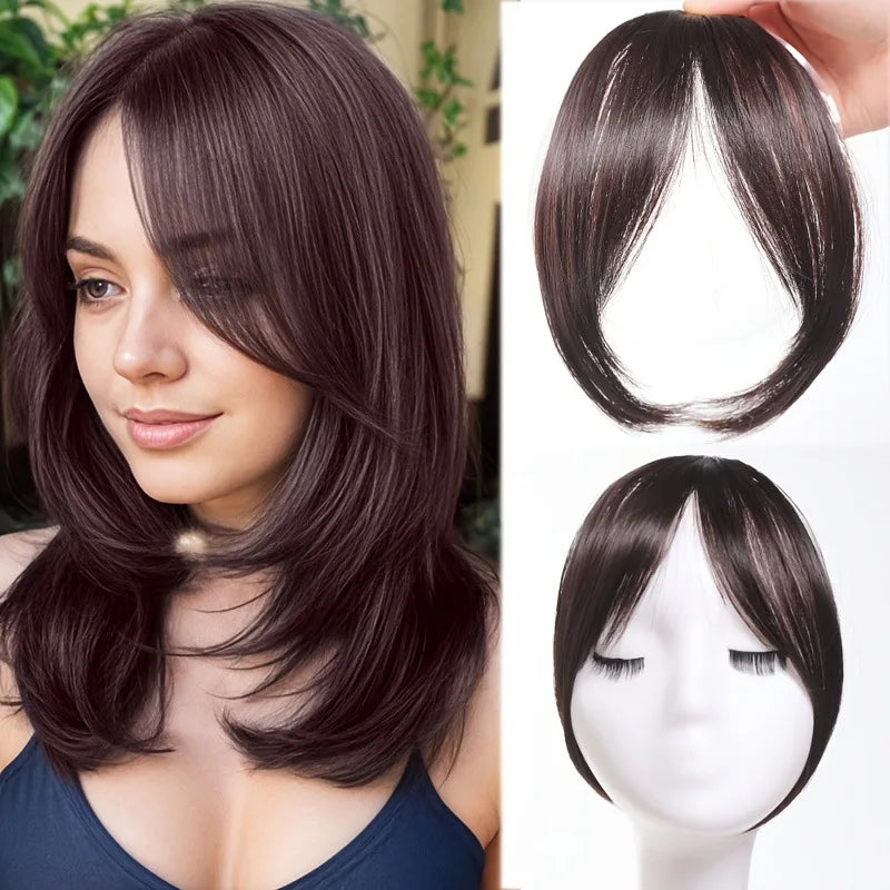 Clip-in bangs hair extension worn on model