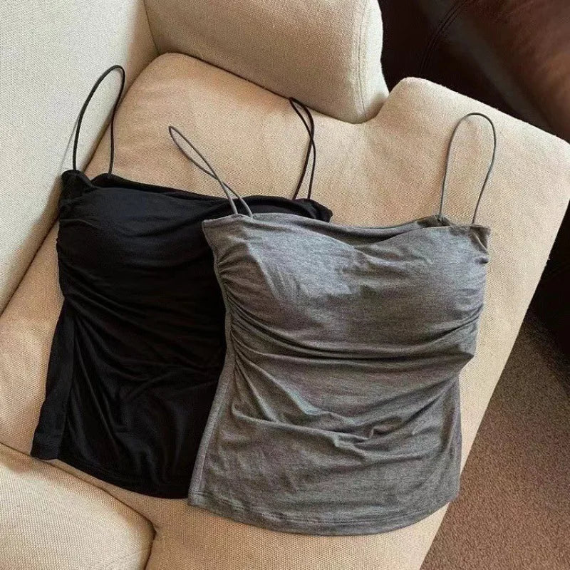  Halter tank top with built-in bra gray worn close up