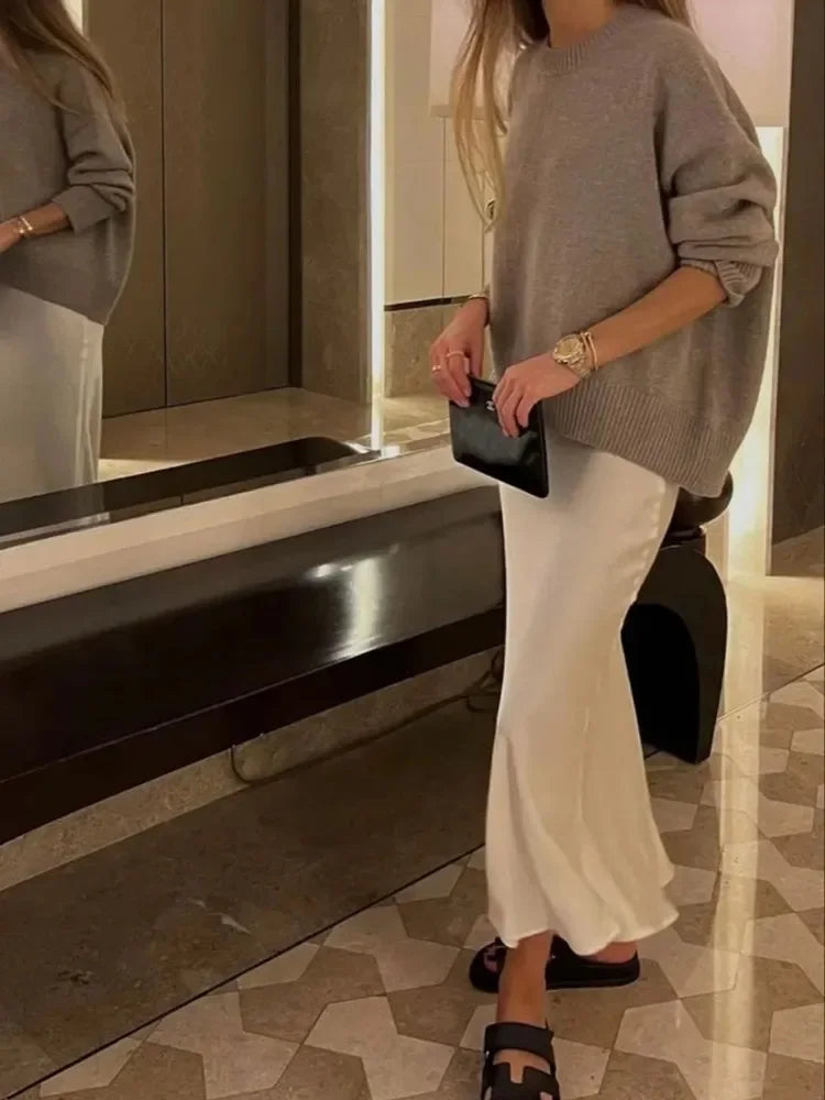 High waist satin midi skirt beige color option