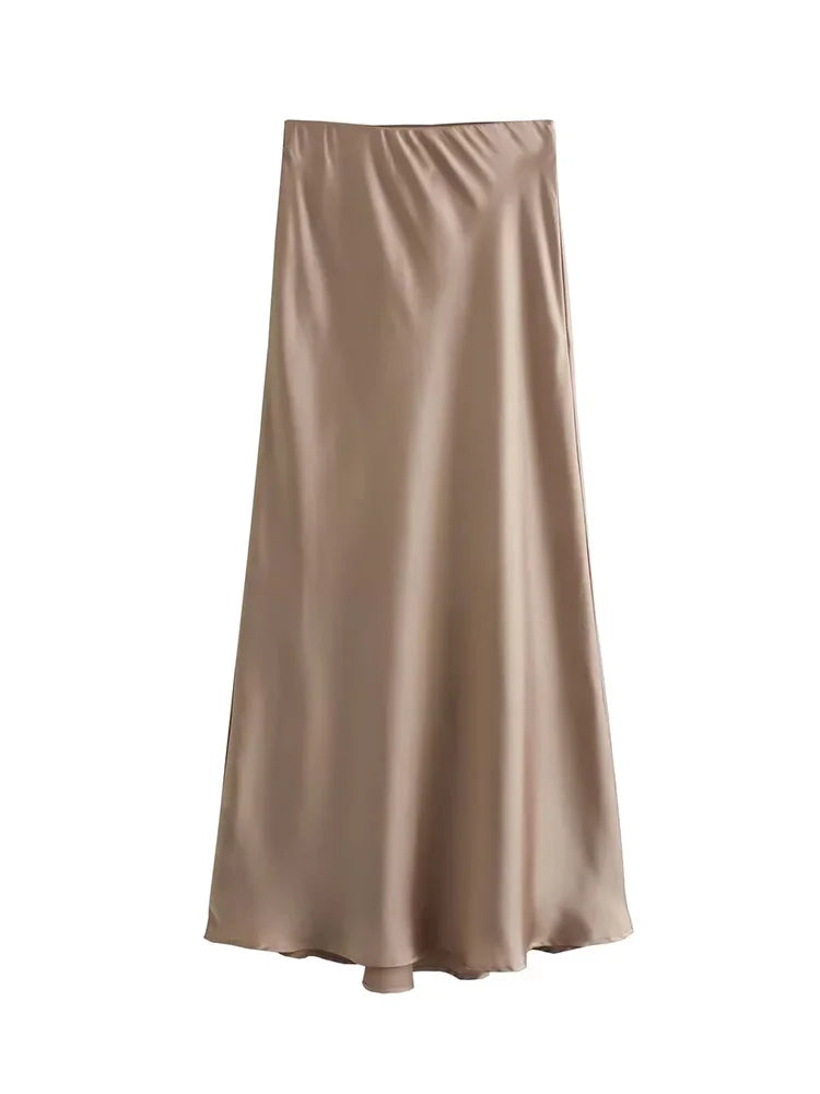 High waist satin midi skirt worn styled outfit brown