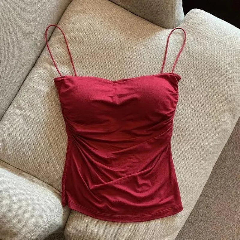 Halter tank top with built-in bra red worn front view