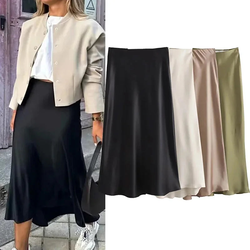 High waist satin midi skirt front view khaki