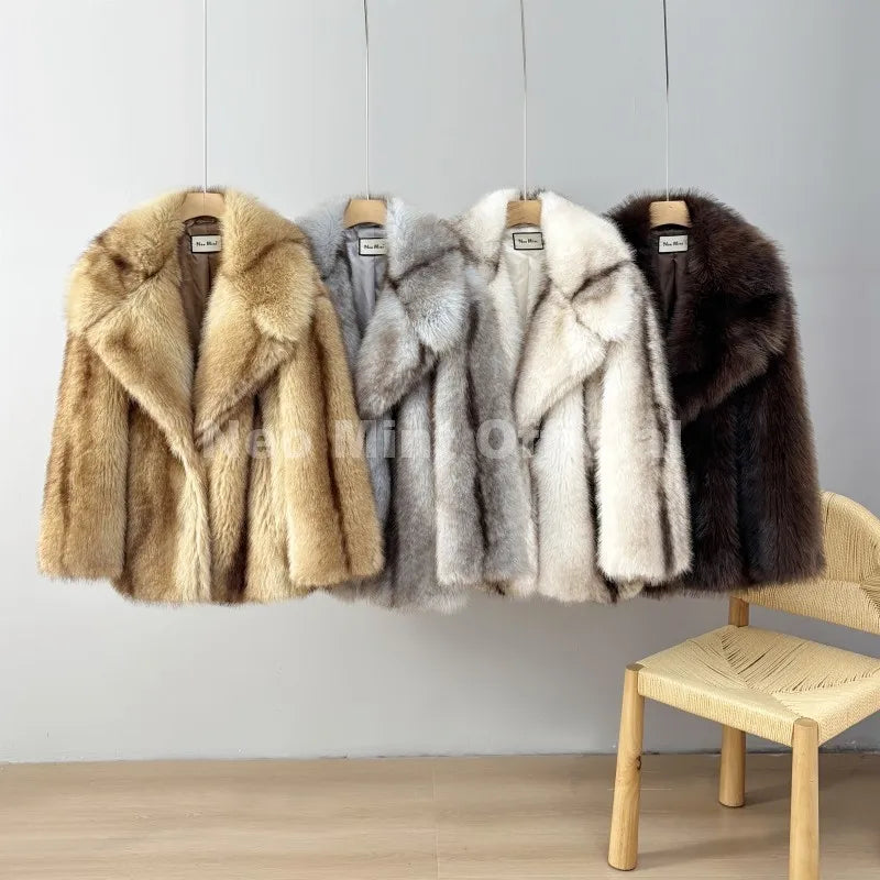 Women's faux fur striped oversized coat front view brown