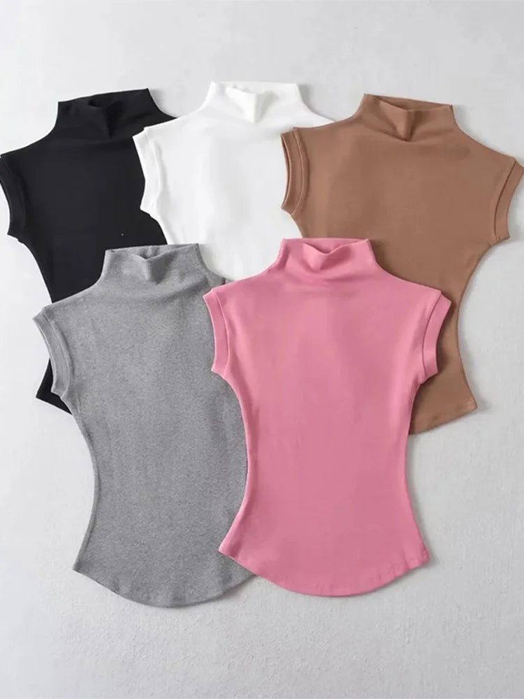 Sleeveless turtleneck top front view coffee