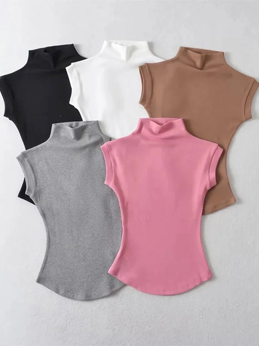 Sleeveless turtleneck top front view coffee