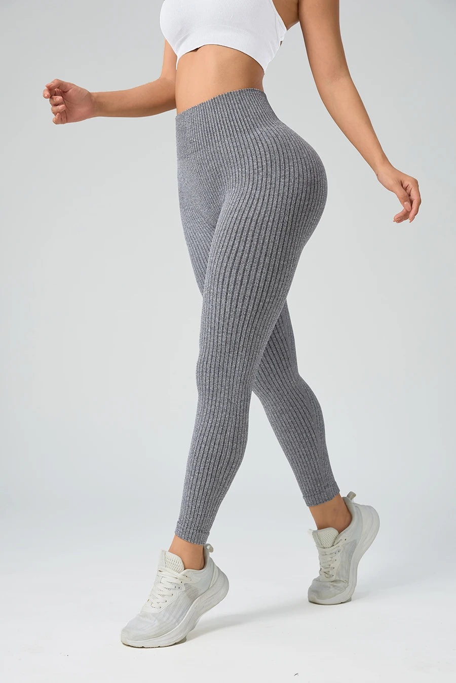 Tummy control yoga leggings front view gray