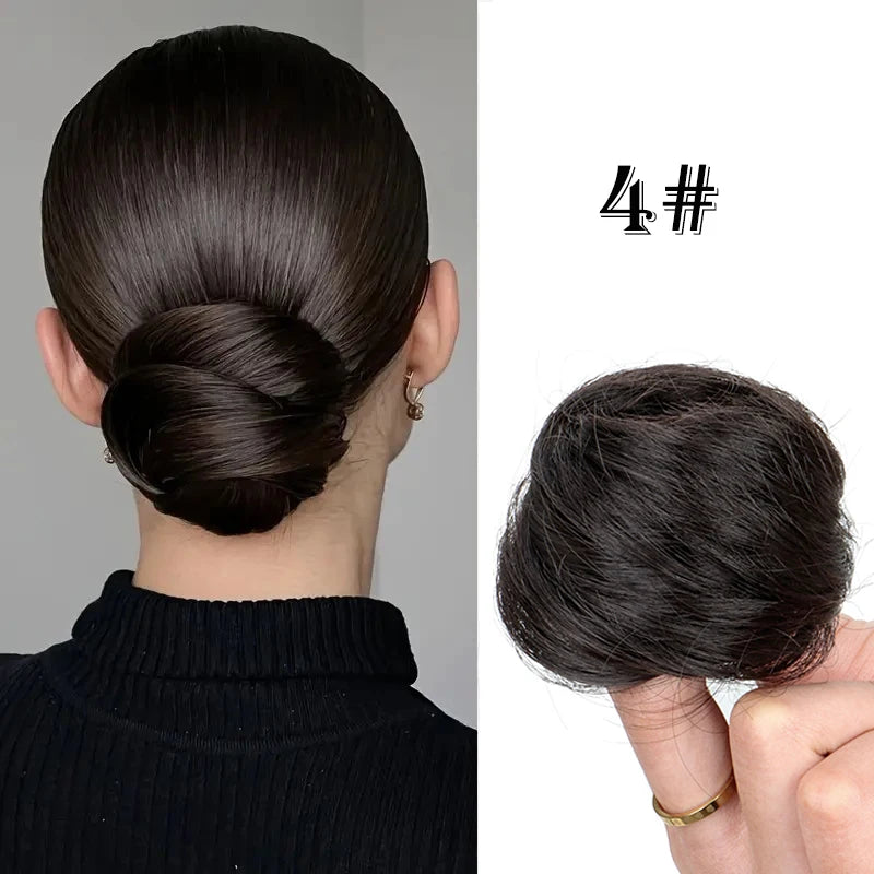 Synthetic hair bun extension worn on model