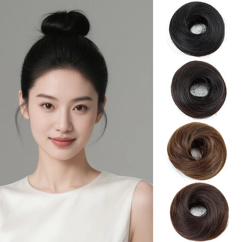 Synthetic hair bun extension worn on model