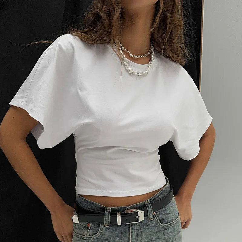 Cotton cropped crew neck top dolman sleeve detail