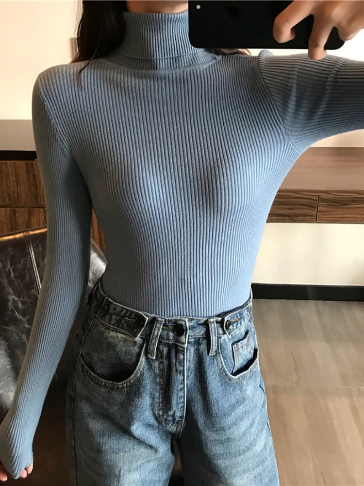 Ribbed Turtleneck Sweater – Women's Slim Winter Pullover