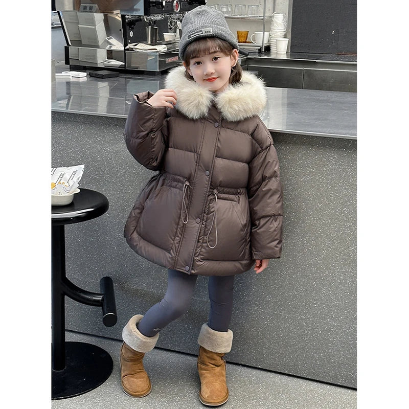 Girls fur-hood winter parka worn by child