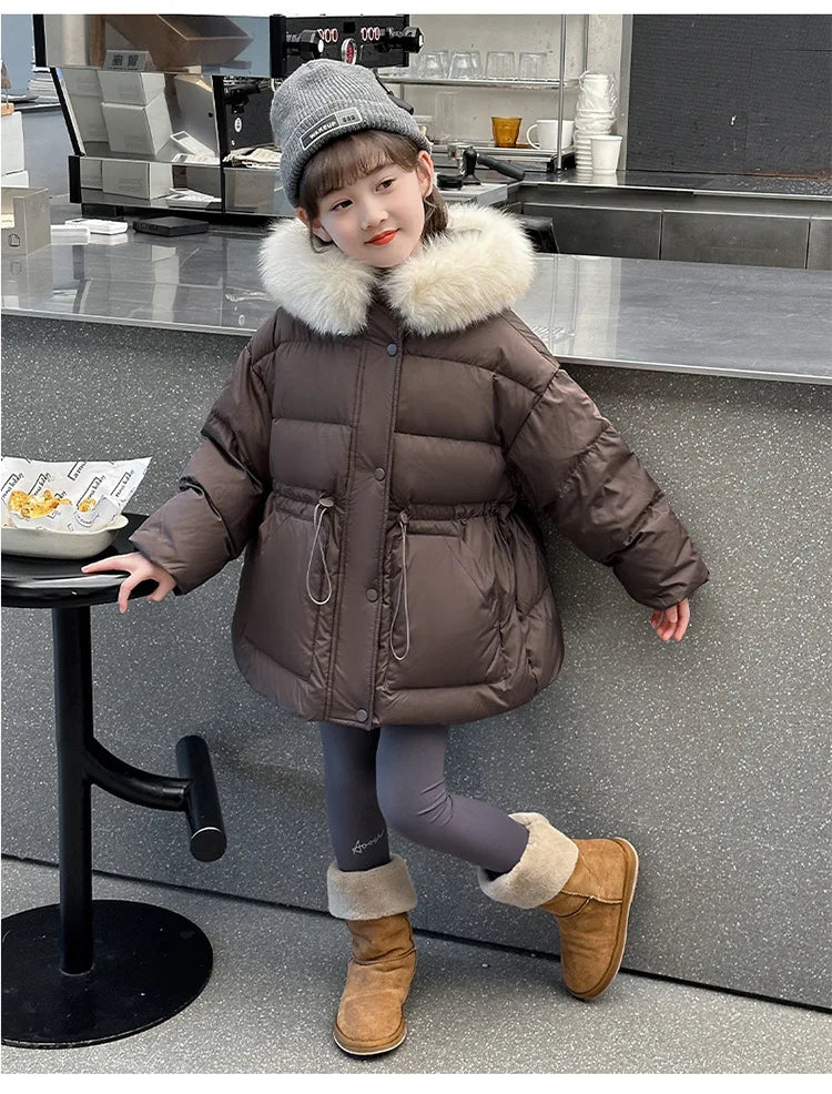 Girls fur-hood winter parka worn by child