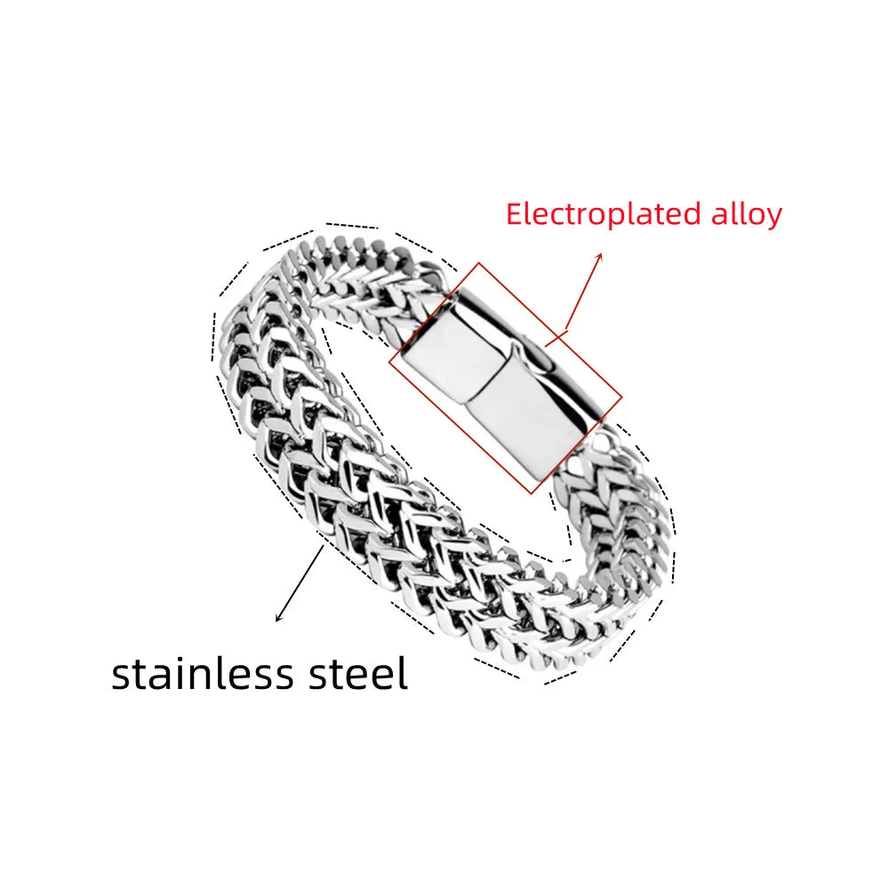 Braided stainless steel bracelet worn on wrist