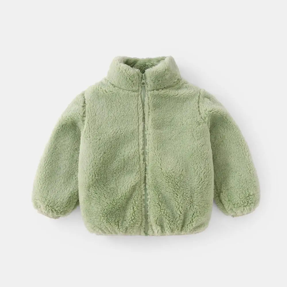 Kids plush winter coat lining texture closeup