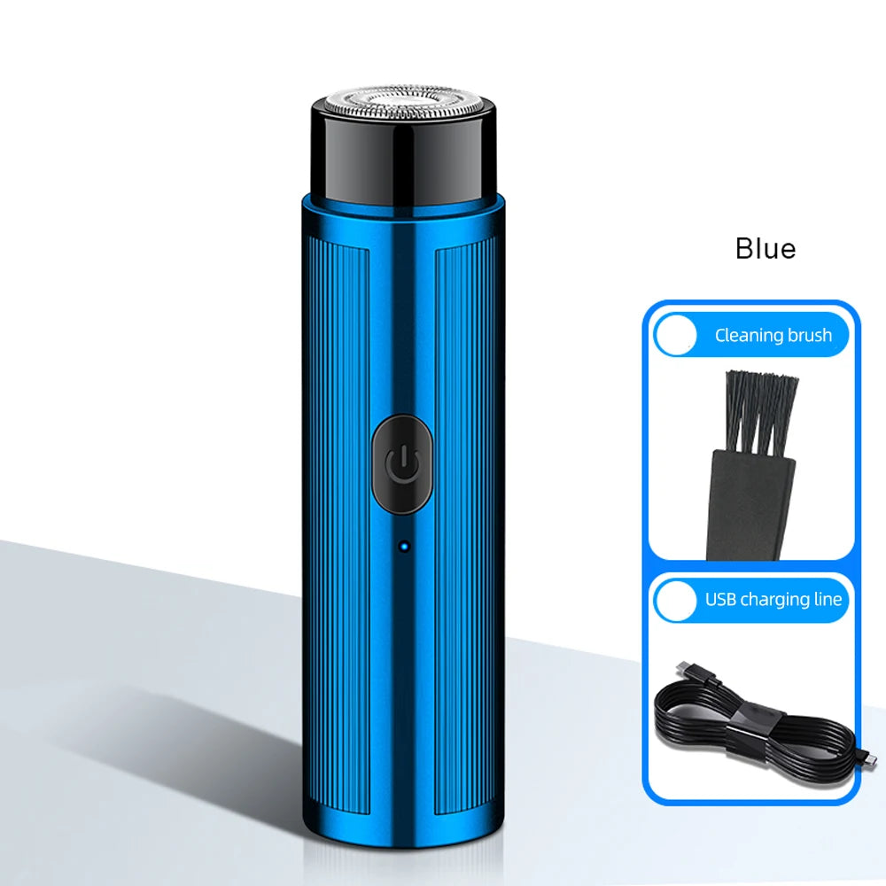 Mini Rechargeable Electric Shaver shown charging via USB port, highlighting travel-friendly design.